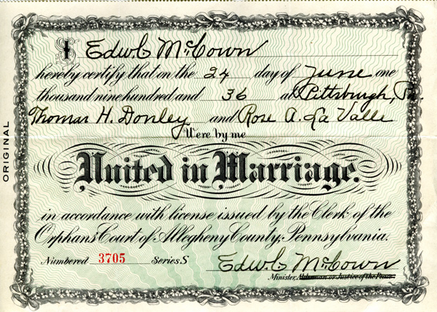 Rose Abbott LaValle and Tom Donley Marriage Certificate