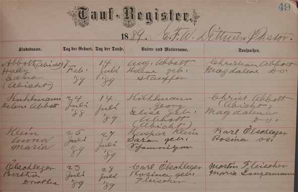 Nellie Emma Abbott and Helene Kuhlmann Baptism Record