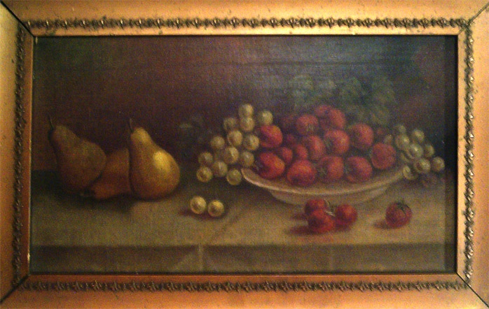 Stillife oil painting of pears and cantalope